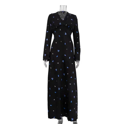 Elegant Printed Satin V neck Long Sleeve Lace up Dress Black - Shop at LoveMi