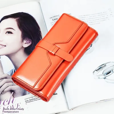 Pure Leather Tri Fold Women's Wallet Long Buckle Genuine Leather Orange - Shop at LoveMi