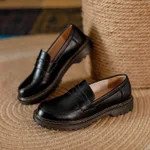 Round Head Thick Low Heel Leather Shoes Women - Black
