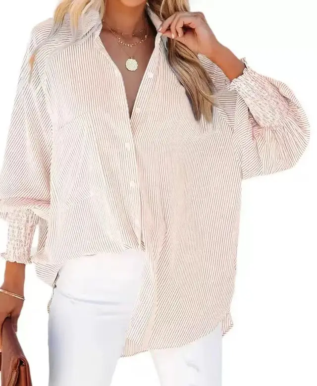 Striped Long Sleeve Loose Casual Blouse Beach Sun Protection Shirt Grapefruit Color - Shop at LoveMi