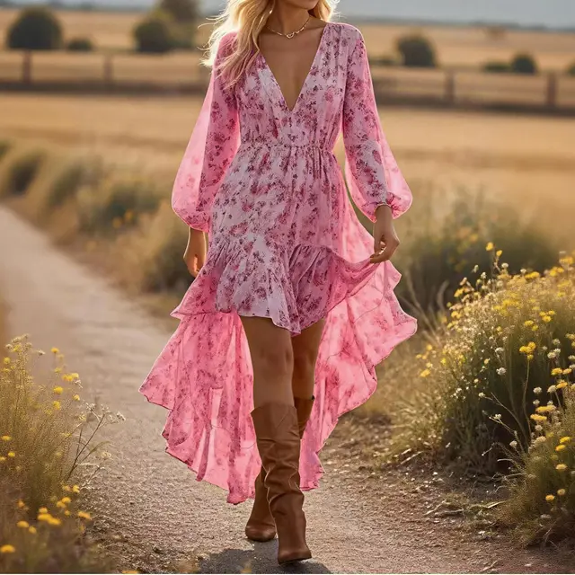 V neck Irregular Hem Printed Long Sleeve Dress Pink - Shop at LoveMi