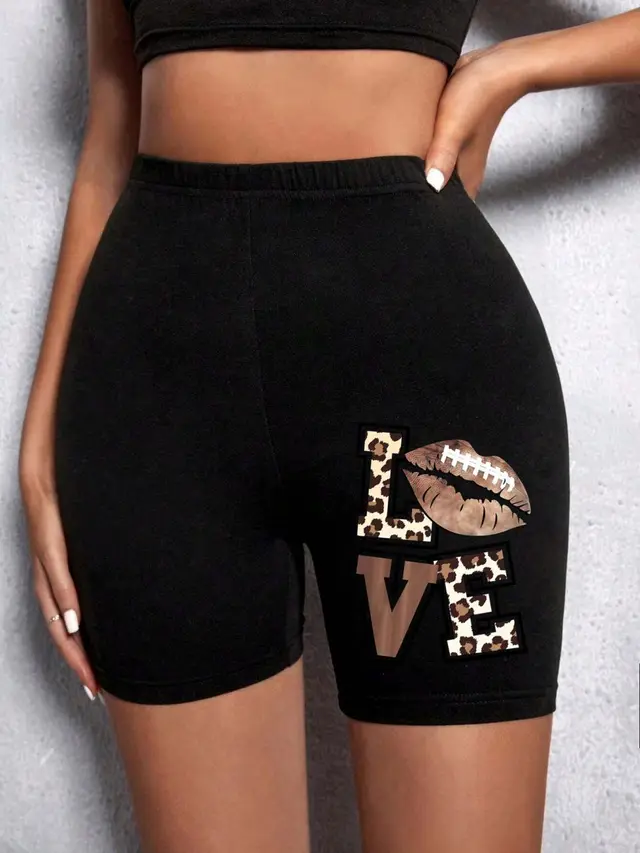Summer Woman Tight Shorts Leopard Heart And Love Letter Grap Black - Shop at LoveMi