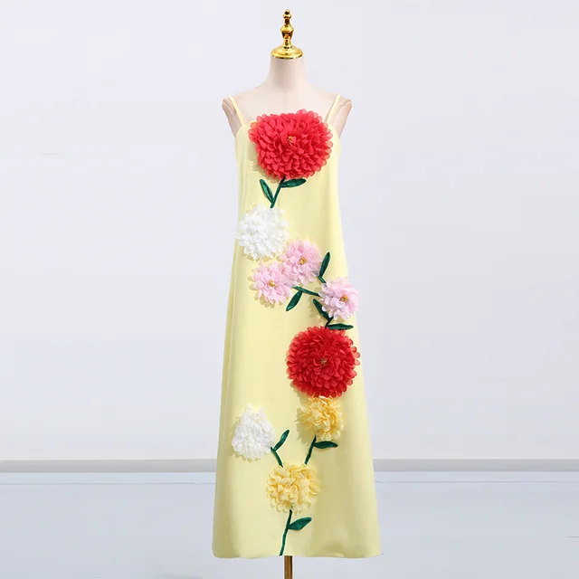 Personalized Minority High grade Three dimensional Flower Decorative Suspender Dress Yellow - Shop at LoveMi