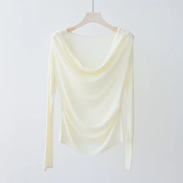 Tencel Blended Silk Long Sleeve Swing Collar Design High grade Blouse Beige - Shop at LoveMi