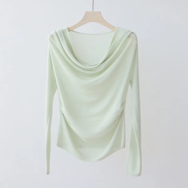 Tencel Blended Silk Long Sleeve Swing Collar Design High grade Blouse Green - Shop at LoveMi