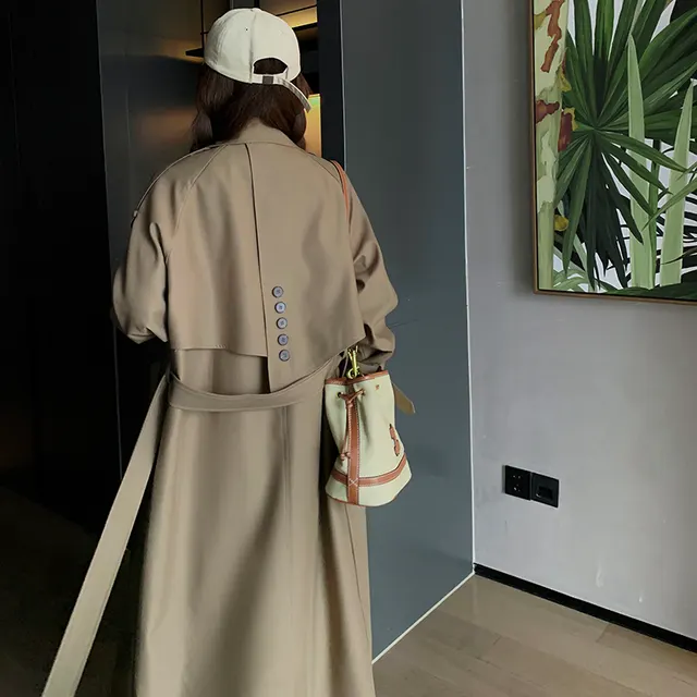 Spring And Autumn New Long Sleeve Trench Coat Women Deep Khaki - Shop at LoveMi