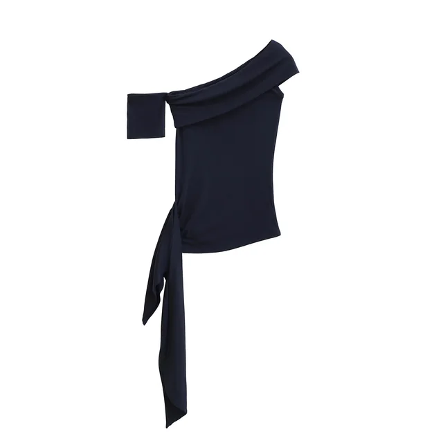 Pure Desire Ribbon Off shoulder Tube Women's Elastic Slim fit Asymmetric Top Navy Blue - Shop at LoveMi