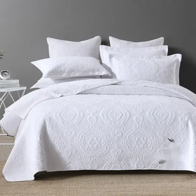 Double sided Plus sized Pure Cotton Bed Cover All Cotton Plain Color Quilt Three piece Set White Damascus - Shop at LoveMi