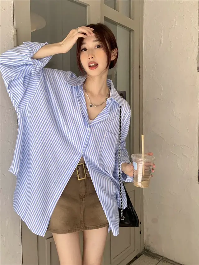 Striped Cardigan Outer Wear Women's Long sleeved Sunscreen Shirt Blue - Shop at LoveMi