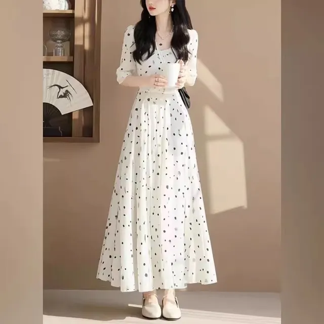 Fashion Polka dot Cinched French Style Temperament Slimming Mid length Dress White - Shop at LoveMi