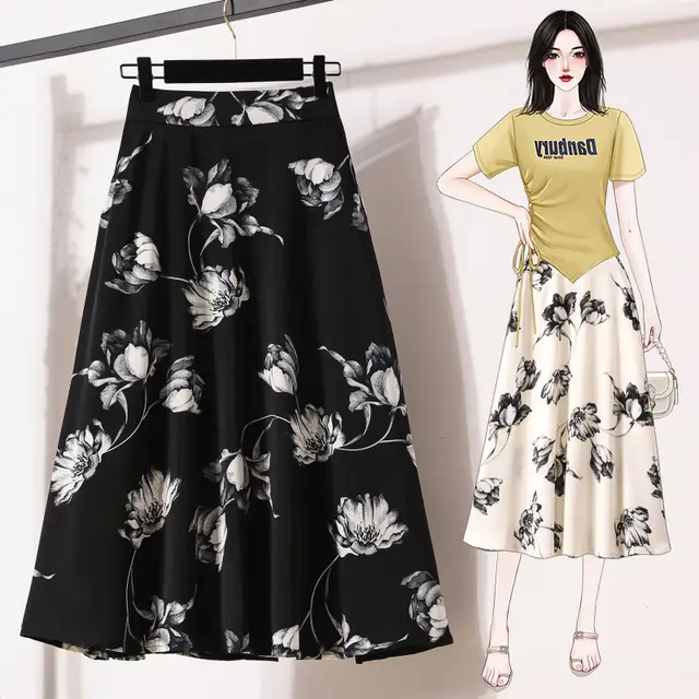 Plus Size Ice Silk Chiffon Women's Fashion Ink Painting Printing High Waist Skirt Black - Shop at LoveMi