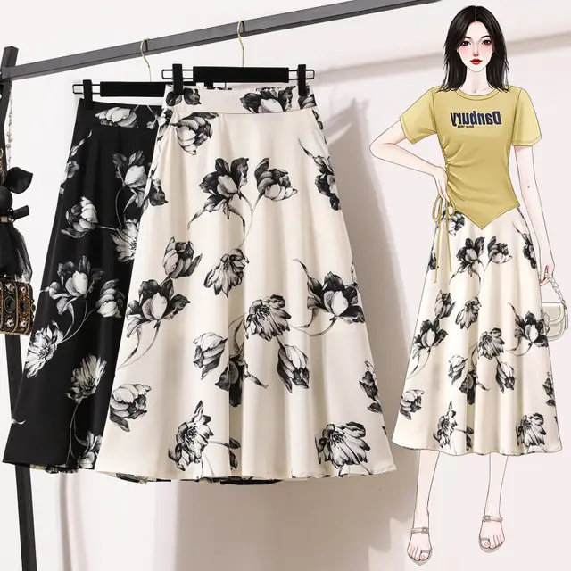 Plus Size Ice Silk Chiffon Women's Fashion Ink Painting Printing High Waist Skirt White - Shop at LoveMi