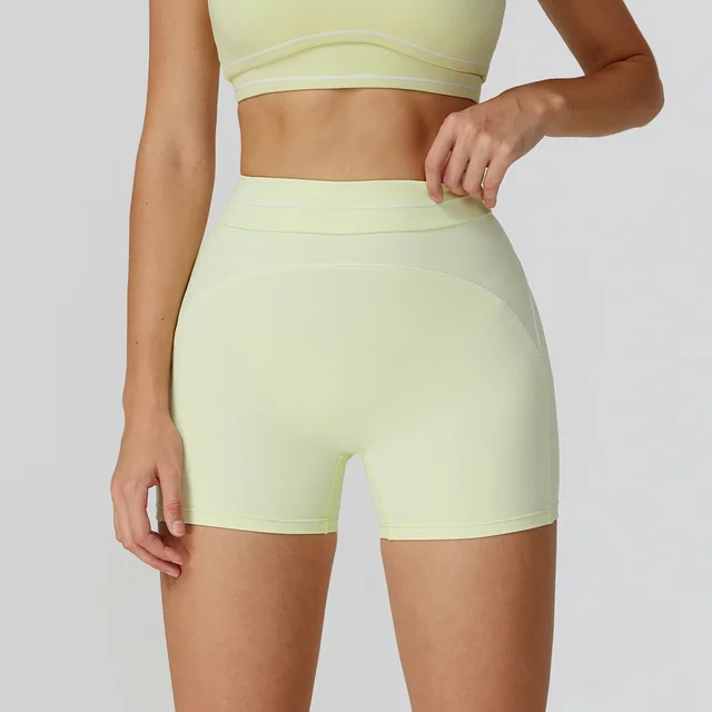 Contrast Color High Waist Outdoor Running Workout Shorts Lemon Green - Shop at LoveMi