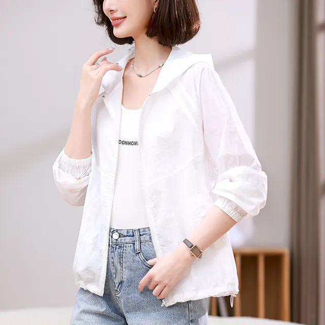 Solid Color Breathable Sun Protection Clothing Coat For Women White - Shop at LoveMi