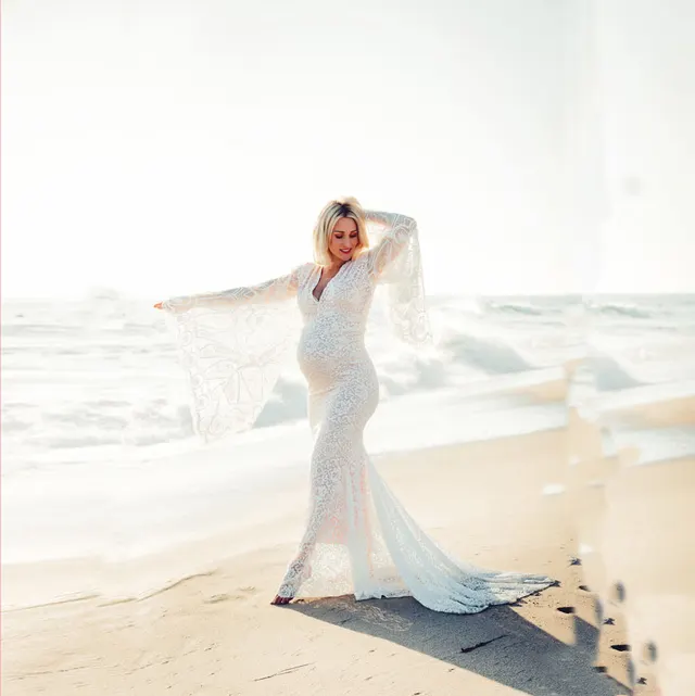 White Deep V neck Flared Sleeves Lace See through Tight Trailing Dress White - Shop at LoveMi