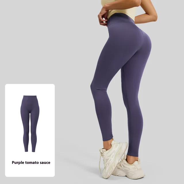 No Embarrassment Line Peach Hip Raise Yoga High Waist Belly Contracting Exercise Nude Feel Leggings Sauce Tomato Purple - Shop at LoveMi