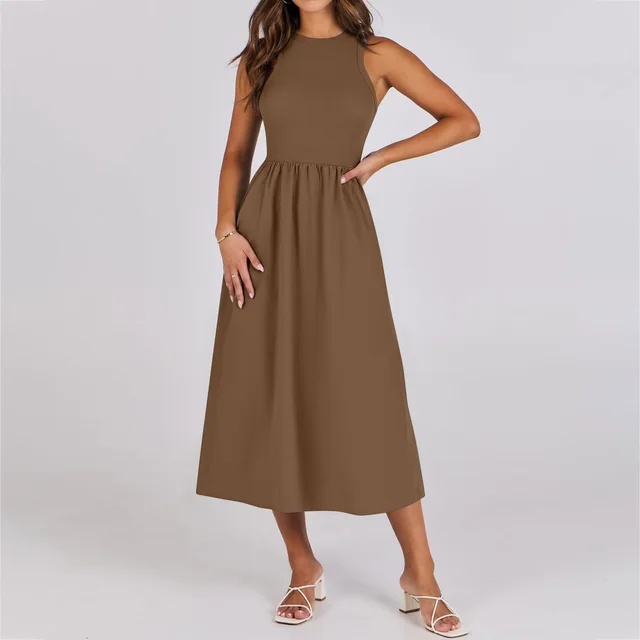 Sleeveless Knitted Stitching Casual Long With Pockets Advanced Sense Dress Brown - Shop at LoveMi
