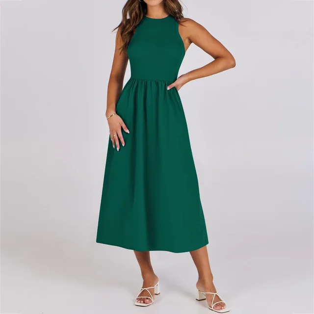 Sleeveless Knitted Stitching Casual Long With Pockets Advanced Sense Dress Green - Shop at LoveMi