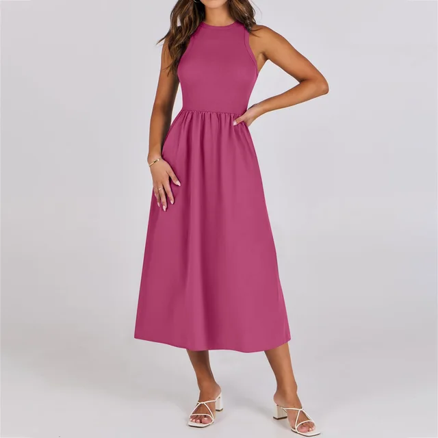 Sleeveless Knitted Stitching Casual Long With Pockets Advanced Sense Dress Pink - Shop at LoveMi