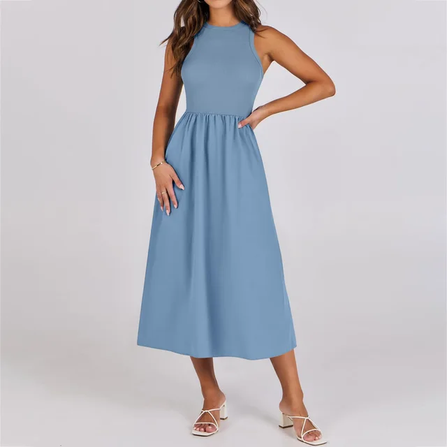 Sleeveless Knitted Stitching Casual Long With Pockets Advanced Sense Dress Sky Blue - Shop at LoveMi