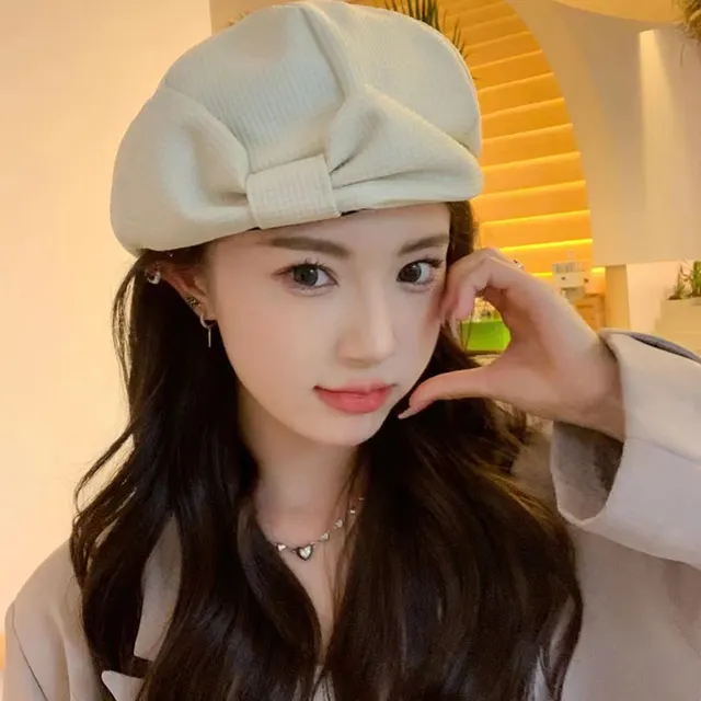 Korean Style Sweet Bowknot Beret Female Japanese Style Beige - Shop at LoveMi
