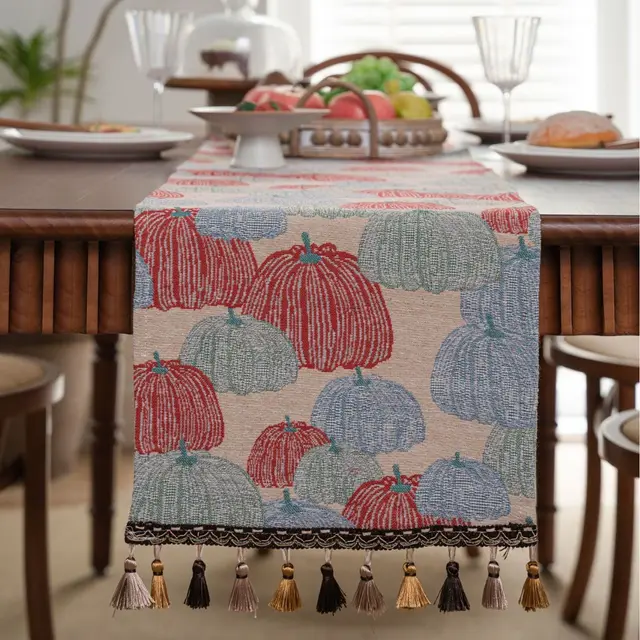 American style Long Tassel Table Runner Beige Jacquard Wedding Decoration Jacquard Pumpkin - Shop at LoveMi
