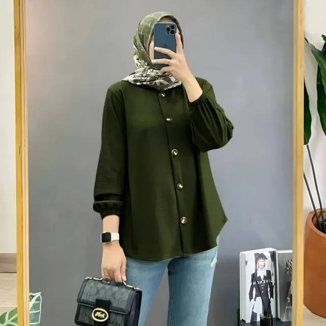 Muslim Ice Silk Wrinkle Stand up Collar Literary Vintage Cardigan Loose Shirt Women Army Green - Shop at LoveMi