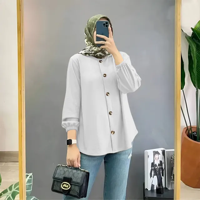 Muslim Ice Silk Wrinkle Stand up Collar Literary Vintage Cardigan Loose Shirt Women White - Shop at LoveMi