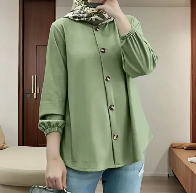 New Round Neck Long Sleeve Cuff Blouse Light Green - Shop at LoveMi