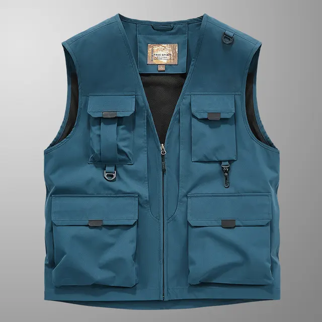 Frock Vest Men's Coat Fishing Multi pocket Vest Denim Blue - Shop at LoveMi