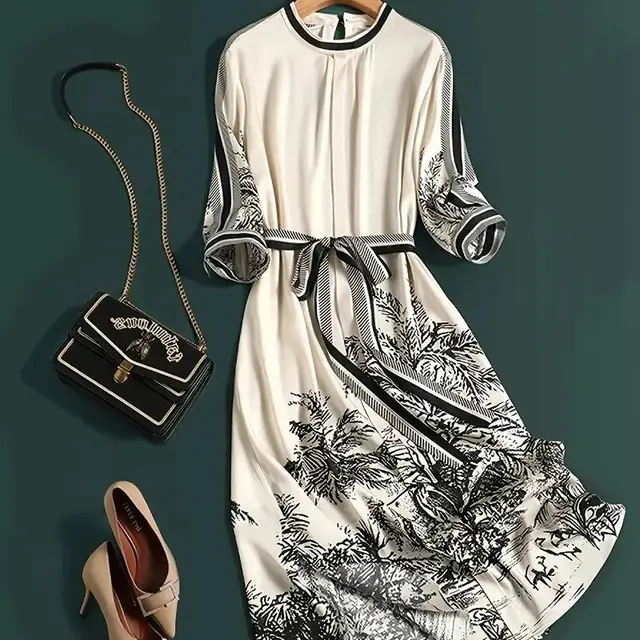 Women's Elegant Floral Dress A Line With Waist Tie Beige - Shop at LoveMi