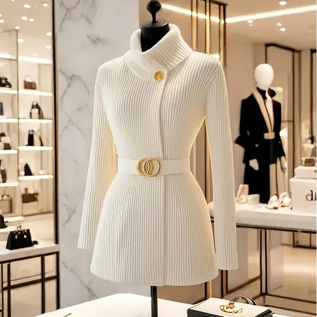 Women's Elegant White High Neck Ribbed Sweater Beige - Shop at LoveMi