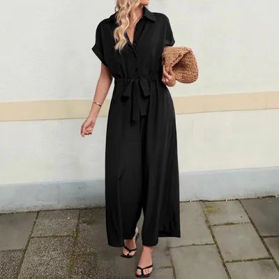 Women's Loose Casual Polo Collar Lace up Jumpsuit Black - Shop at LoveMi