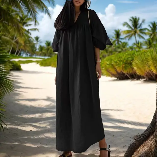 Solid Color Loose V neck Puff Sleeve Casual Cotton And Linen Dress Black - Shop at LoveMi
