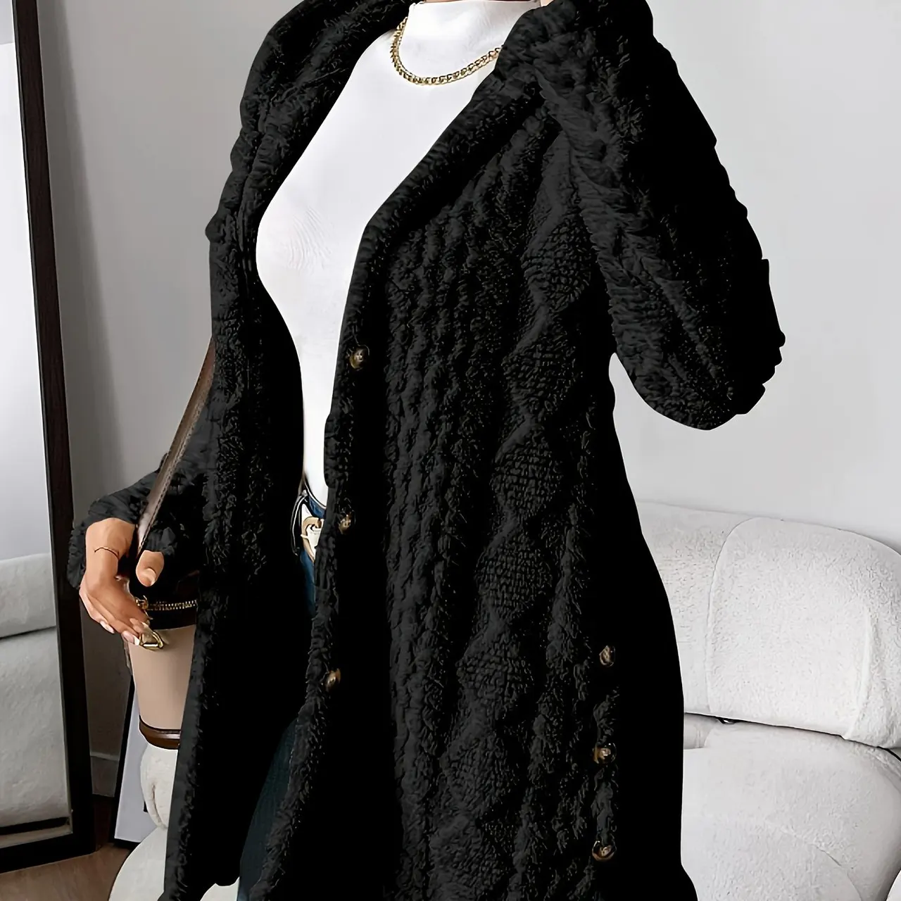 Women's Winter Long Hooded Cardigan Coat - Black