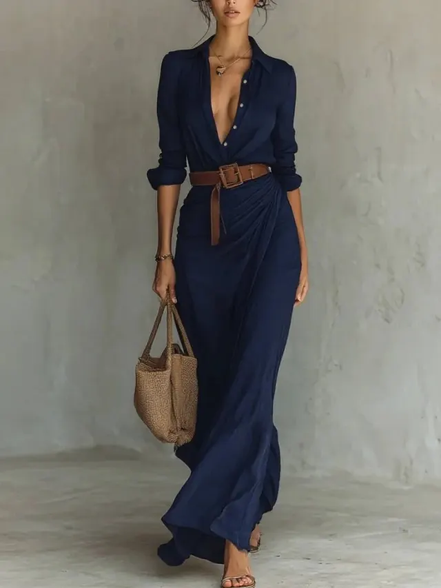 Irregular Long Dress With Belt Fashion And Elegant Button Lapel Long sleeved Shirt Dresses Daily Office Commuting Clothing For Women Navy Blue - Shop at LoveMi