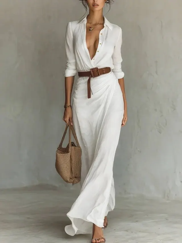 Irregular Long Dress With Belt Fashion And Elegant Button Lapel Long sleeved Shirt Dresses Daily Office Commuting Clothing For Women White - Shop at LoveMi