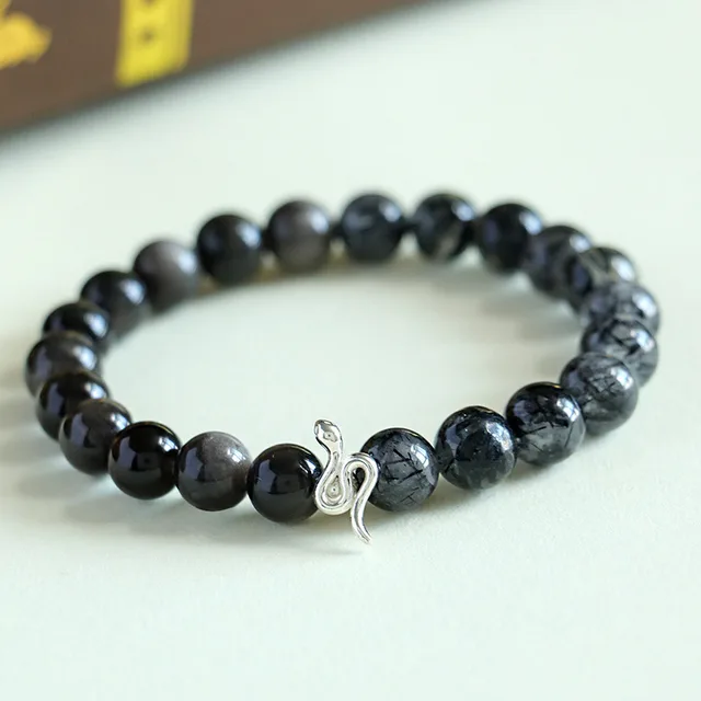 925 Silver Snake Beaded Couple Bracelet Female Black - Shop at LoveMi