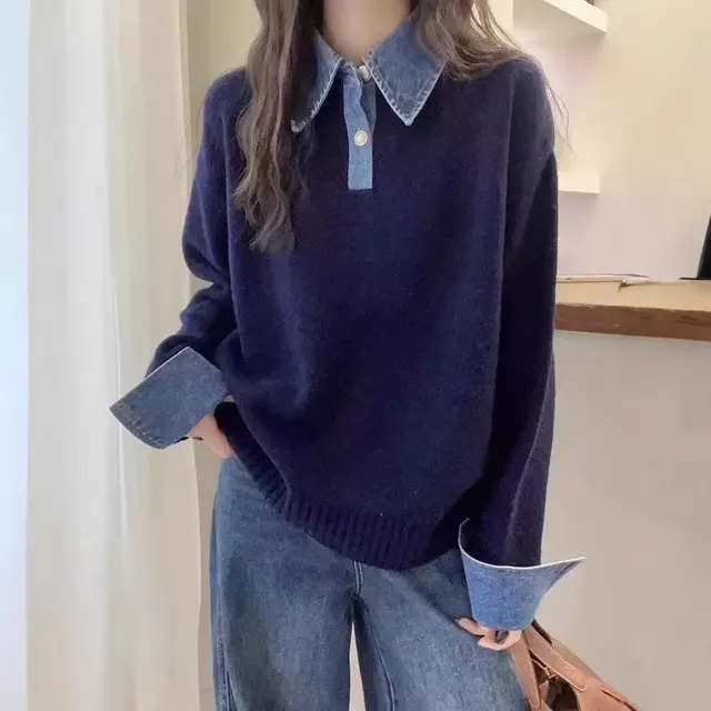 Simple Versatile Stand Collar Denim Stitching Loose Temperament Lazy Top Navy Blue - Shop at LoveMi