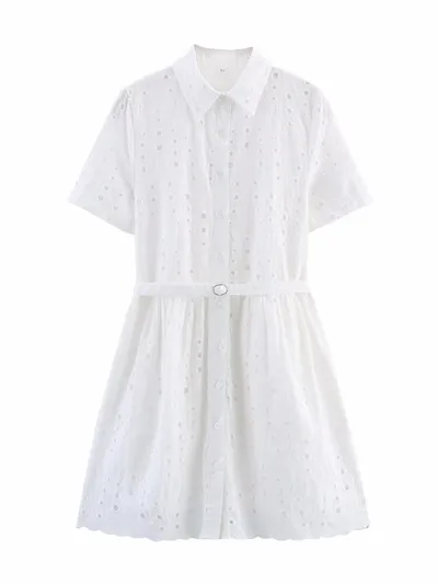 French Style Women's Hollow Embroidered Short Sleeve Dress White - Shop at LoveMi
