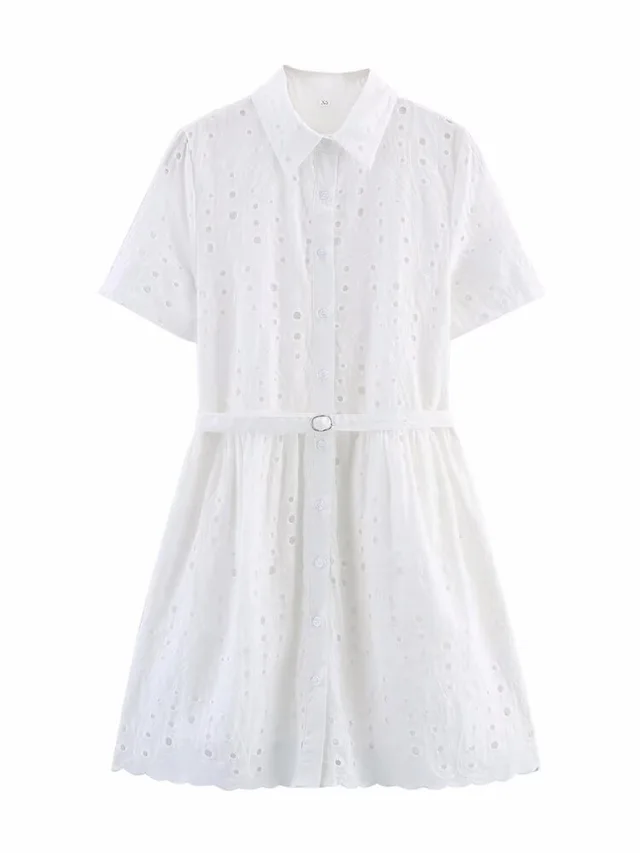 French Style Women's Hollow Embroidered Short Sleeve Dress White - Shop at LoveMi