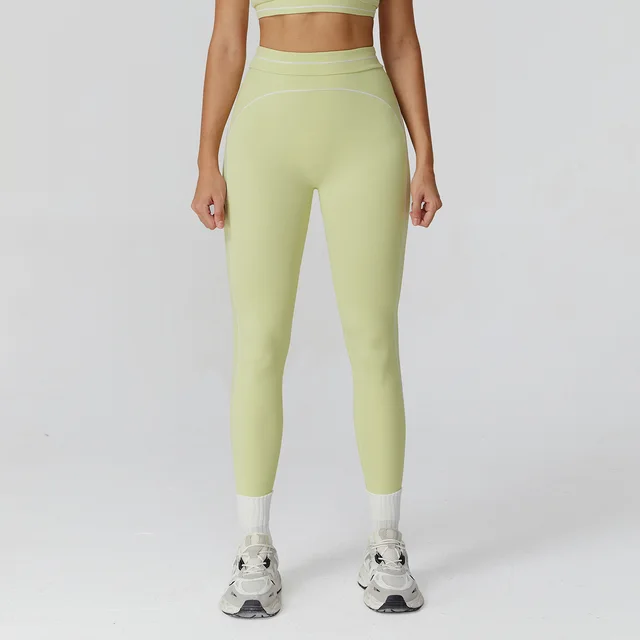 Contrast Color Brushed Yoga Trousers Fold High Waist Lemon Green - Shop at LoveMi
