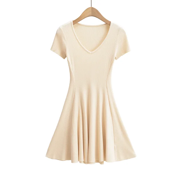 Waist tight French Slim fit Knitted Elegant Tight Waist Dress Apricot Beige - Shop at LoveMi