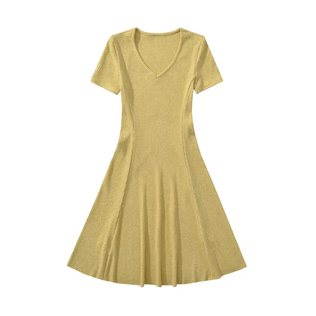 Waist tight French Slim fit Knitted Elegant Tight Waist Dress Lemon Yellow - Shop at LoveMi