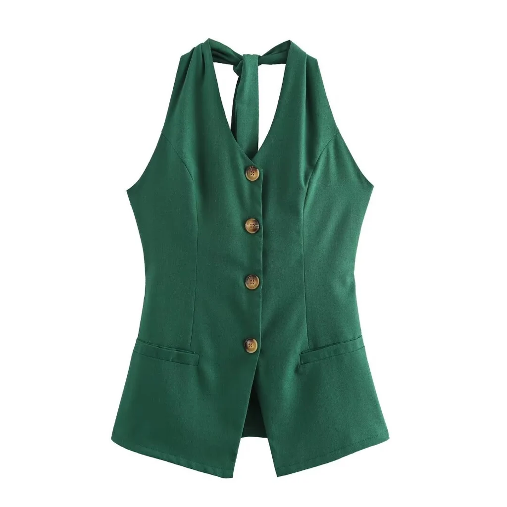 Women's Linen Halter Lace-up Top Vest Elastic Waist Wide Leg Trousers Suit - Green Top