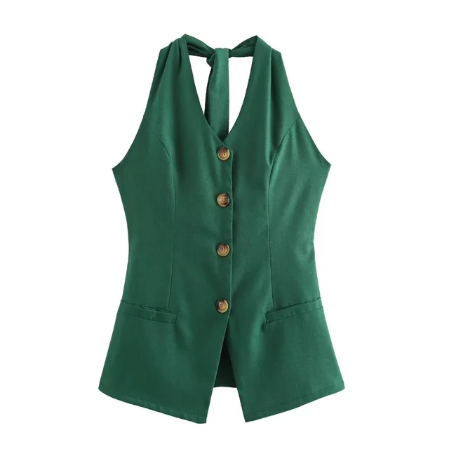Women's Linen Halter Lace up Top Vest Elastic Waist Wide Leg Trousers Suit Green Top - Shop at LoveMi