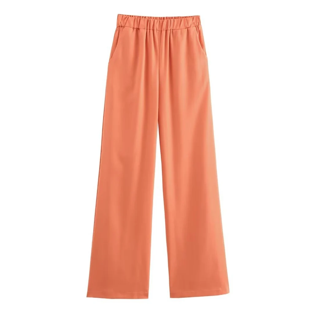 Women's Linen Halter Lace-up Top Vest Elastic Waist Wide Leg Trousers Suit - Orange Pants