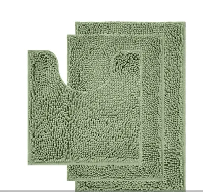 Chenille Long Hair Bathroom Toilet U shaped Three piece Carpet Light Green - Shop at LoveMi