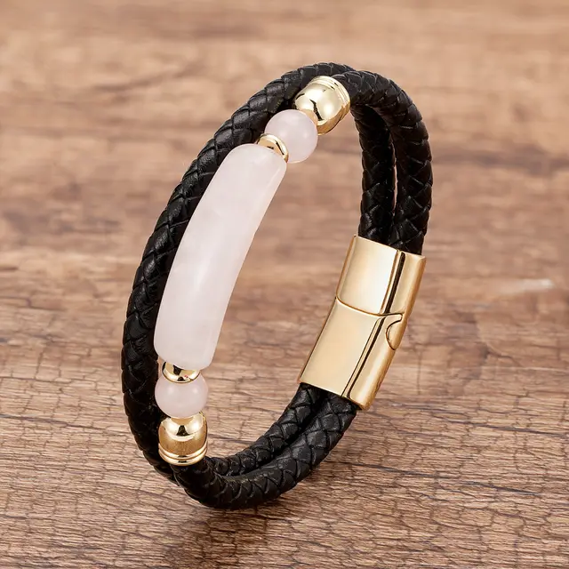 Magnetic Buckle Leather Double Joint Braided Bracelet 7Style Gold - Shop at LoveMi