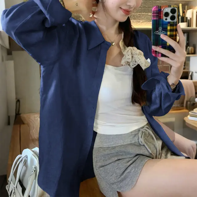 Fashion Casual Solid Color Long Sleeve Blouse Dark Blue - Shop at LoveMi